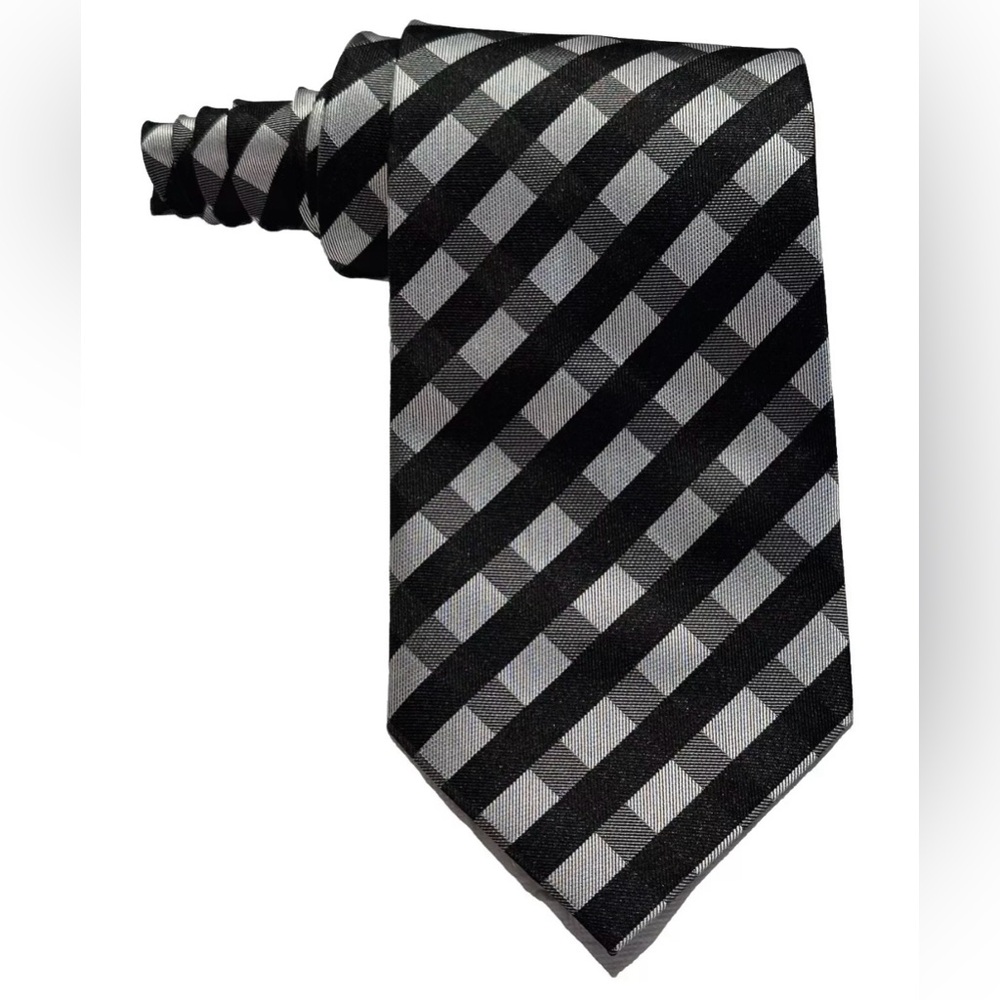 NEW MENS HANDMADE SILK TIE BLACK SILVER & GRAY LATTICE PLAID